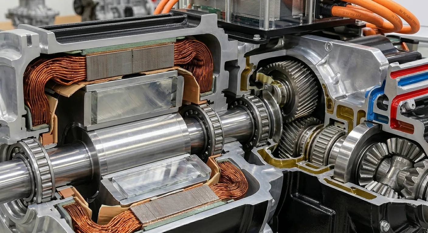 Cutaway of an electric traction motor showing copper windings and permanent magnets
