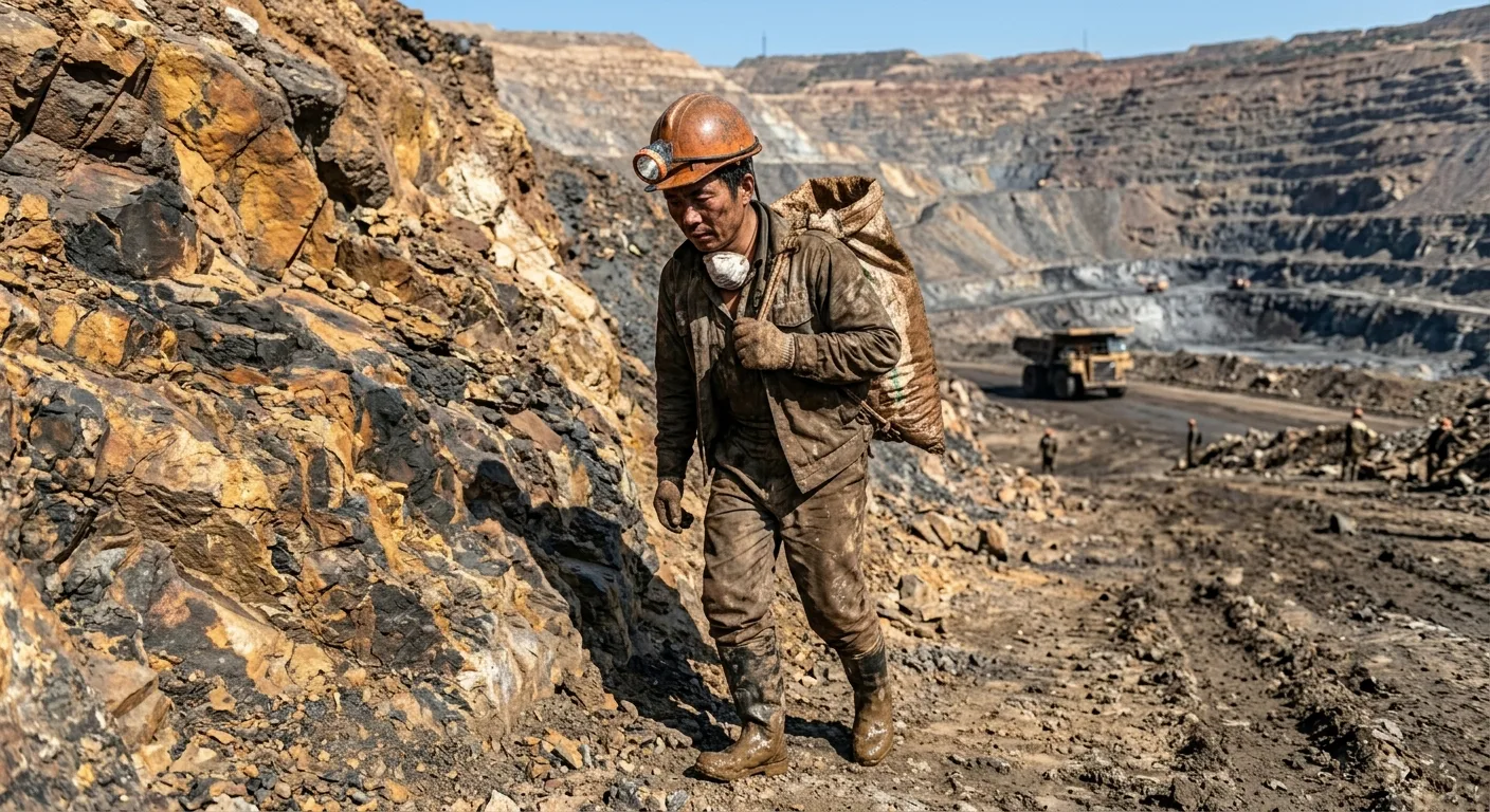 Miner carrying a sack of ore through an open-pit rare-earth mine