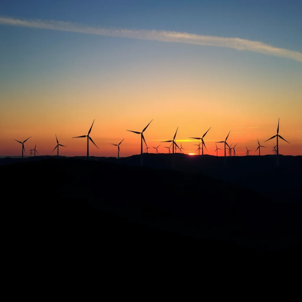 Wind turbines silhouetted against a sunset
