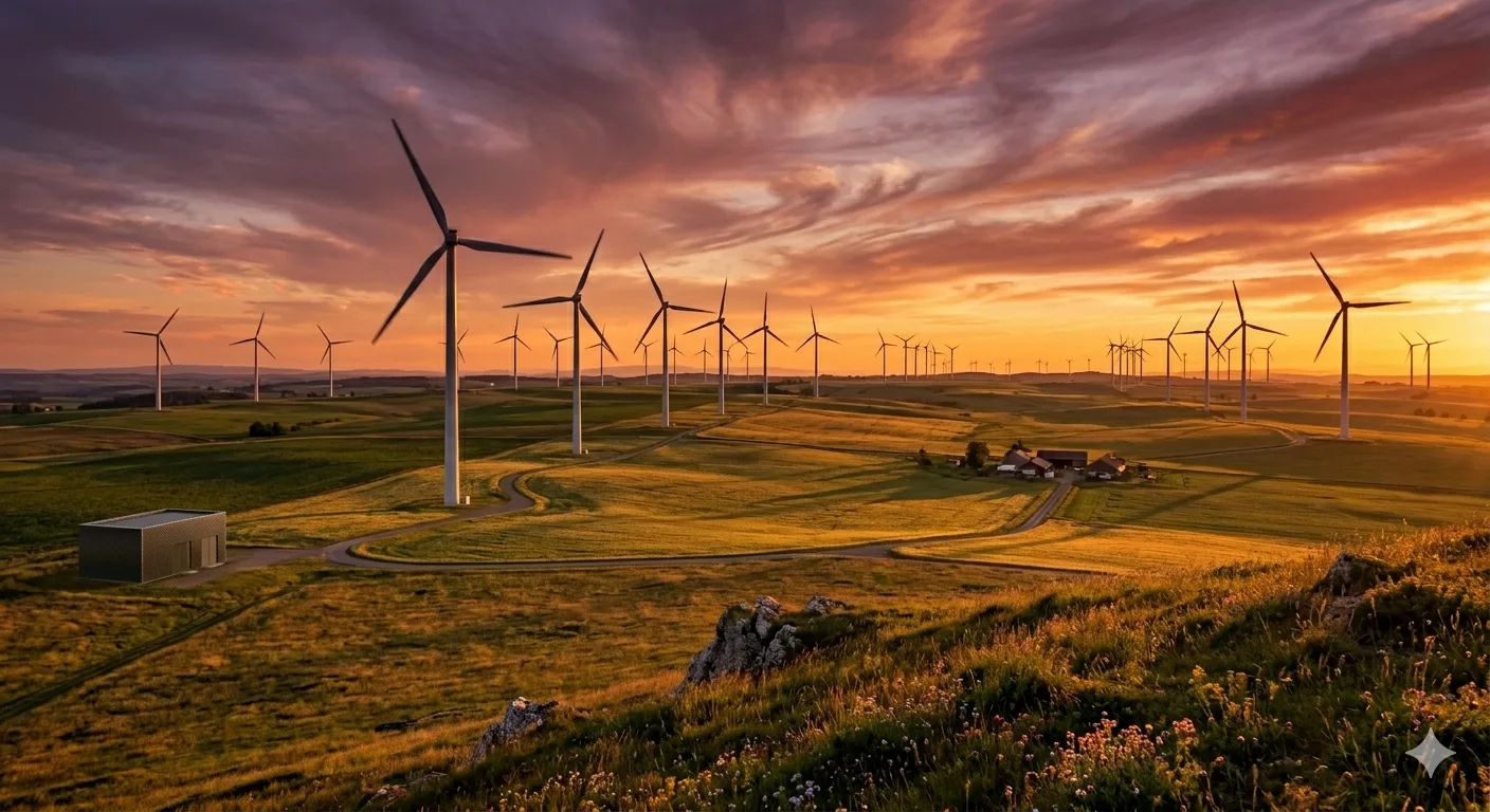 Wind turbines on a ridge at dusk